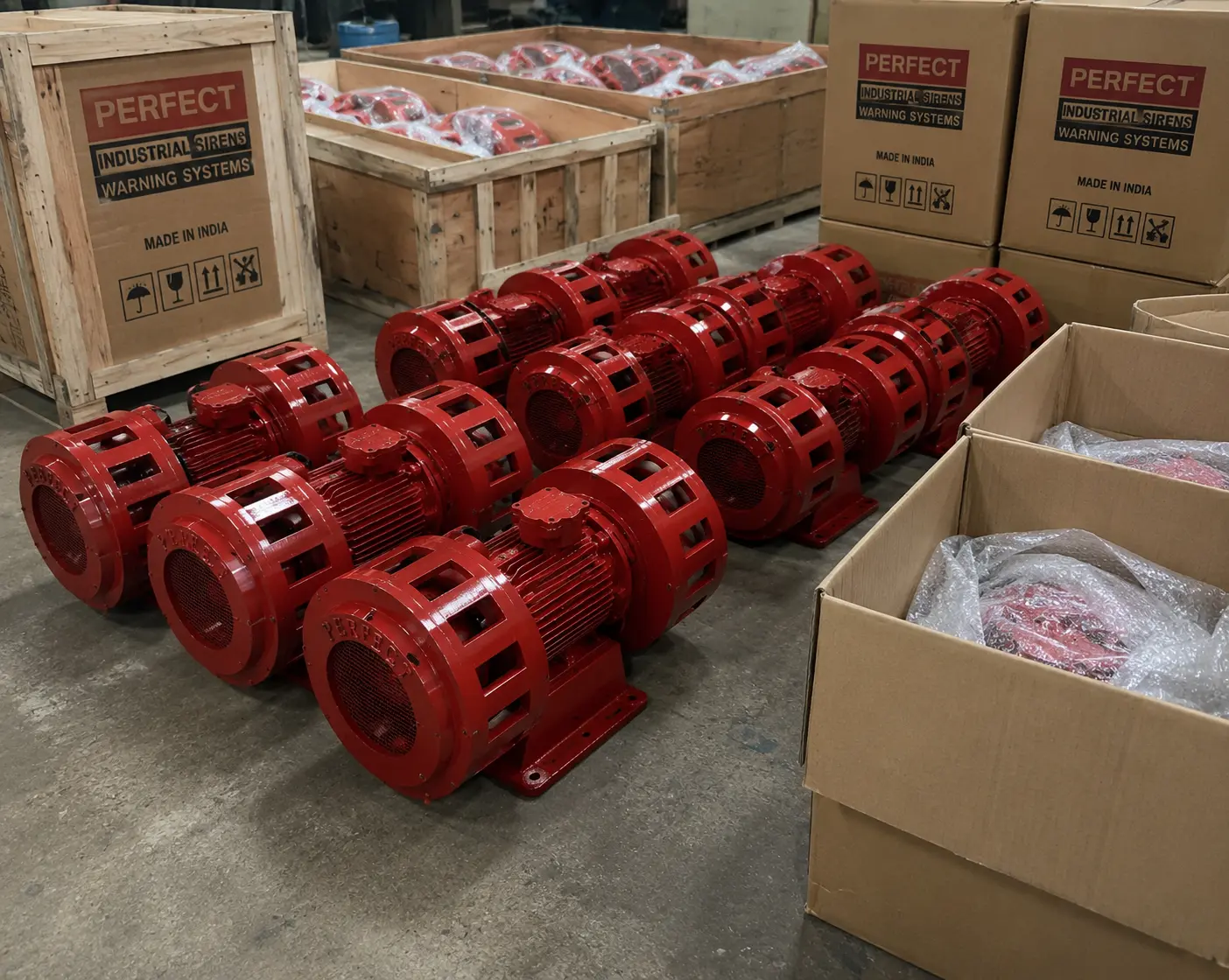 Perfect Industrial Warning Systems manufacturing — workers assembling and testing industrial sirens in Indore factory, India
